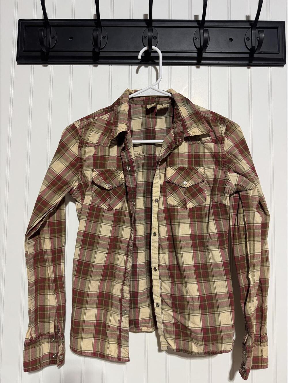 Vintage 90s Quizz Co Western Plaid Snap Button Shirt Womens Small Maroon Green